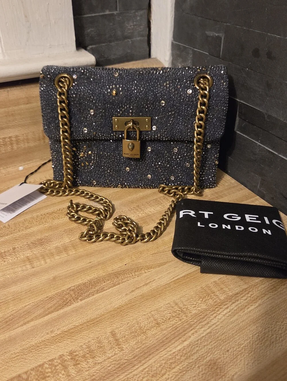 Kurt Geiger NWT Denim Paisley Rhinestone Brixton & Dustbag